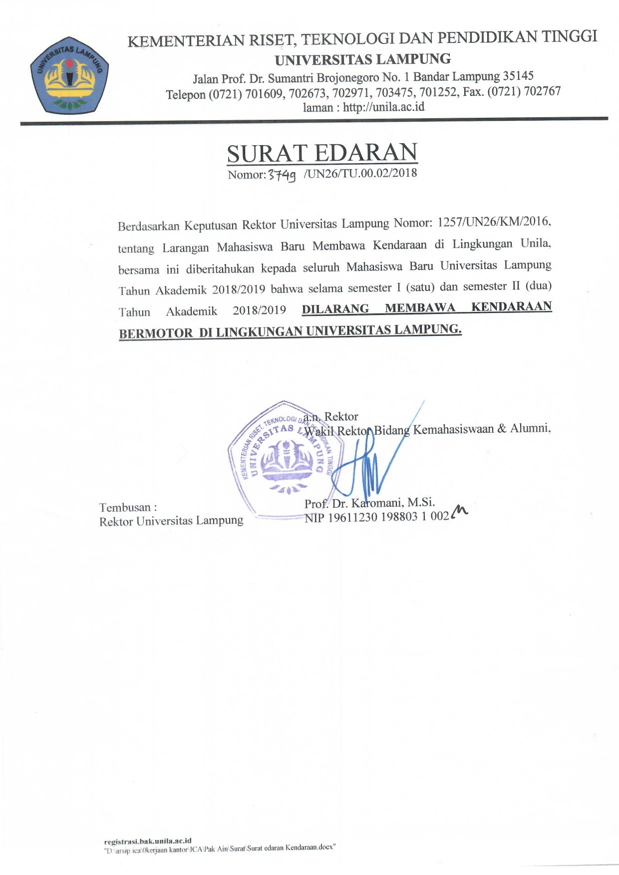 Surat Edaran Dilarang Membawa Motor Universitas Lampung