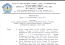 Hasil Seleksi Terbuka Jabatan Tinggi Pratama BKKU Unila 2025