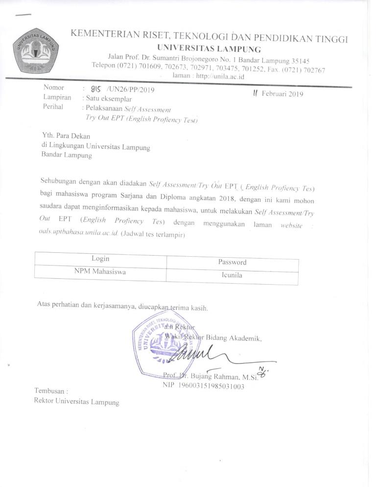 Self Assesment Try Out EPT (English Proficiency Test) Mahasiswa Angkatan 2018