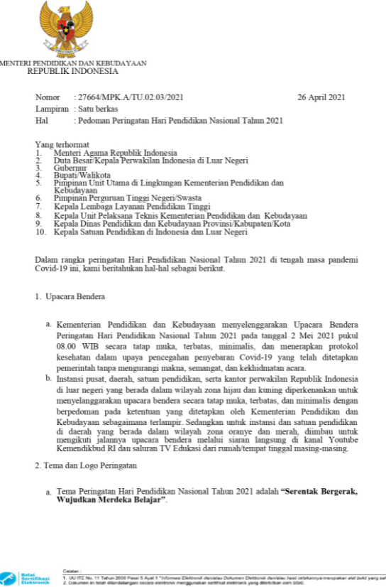 Surat Edaran Pedoman Peringatan Hardiknas 2 Mei 2021