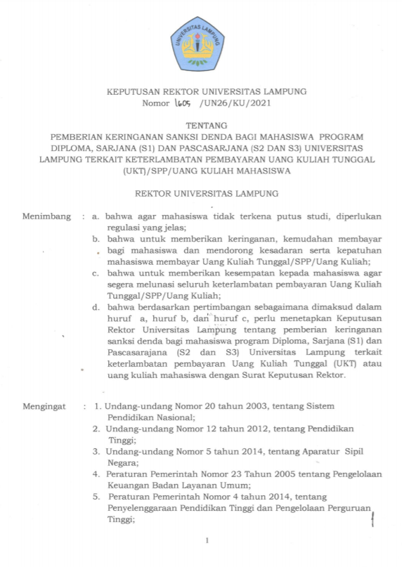 SK Keringanan Sanksi Denda Keterlambatan UKT Mahasiswa Unila