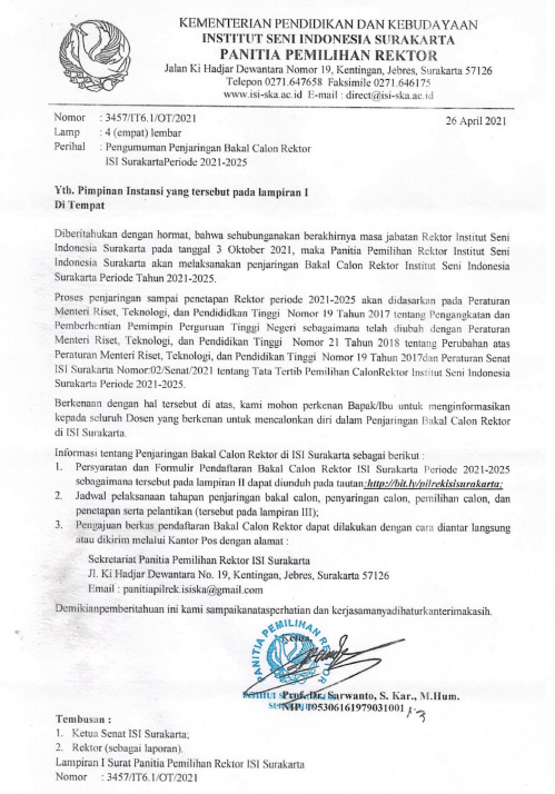 Penjaringan Bakal Calon Rektor ISI Surakarta Periode 2021-2025