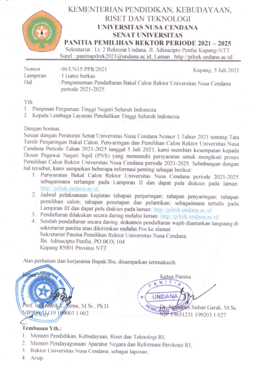 Pendaftaran Bakal Calon Rektor Universitas Nusa Cendana 2021-2025