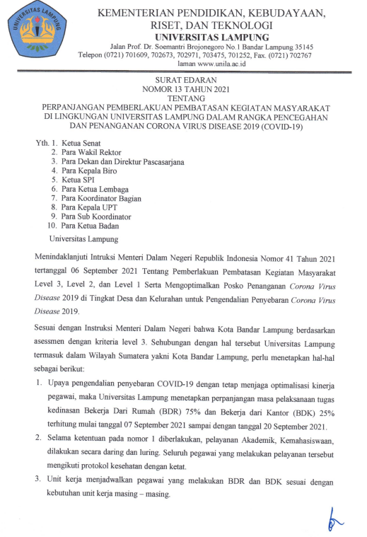 Perpanjangan PPKM di Lingkungan Unila 7-20 September 2021
