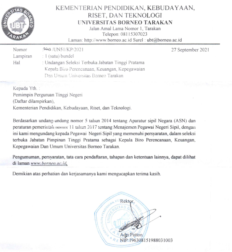 Undangan Seleksi Terbuka JPT Kepala Biro Perencanaan, Keuangan, Kepegawaian, dan Umum Universitas Borneo Tarakan
