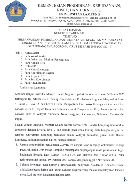 Perpanjangan PPKM di Lingkungan Unila 19 Oktober-8 November 2021