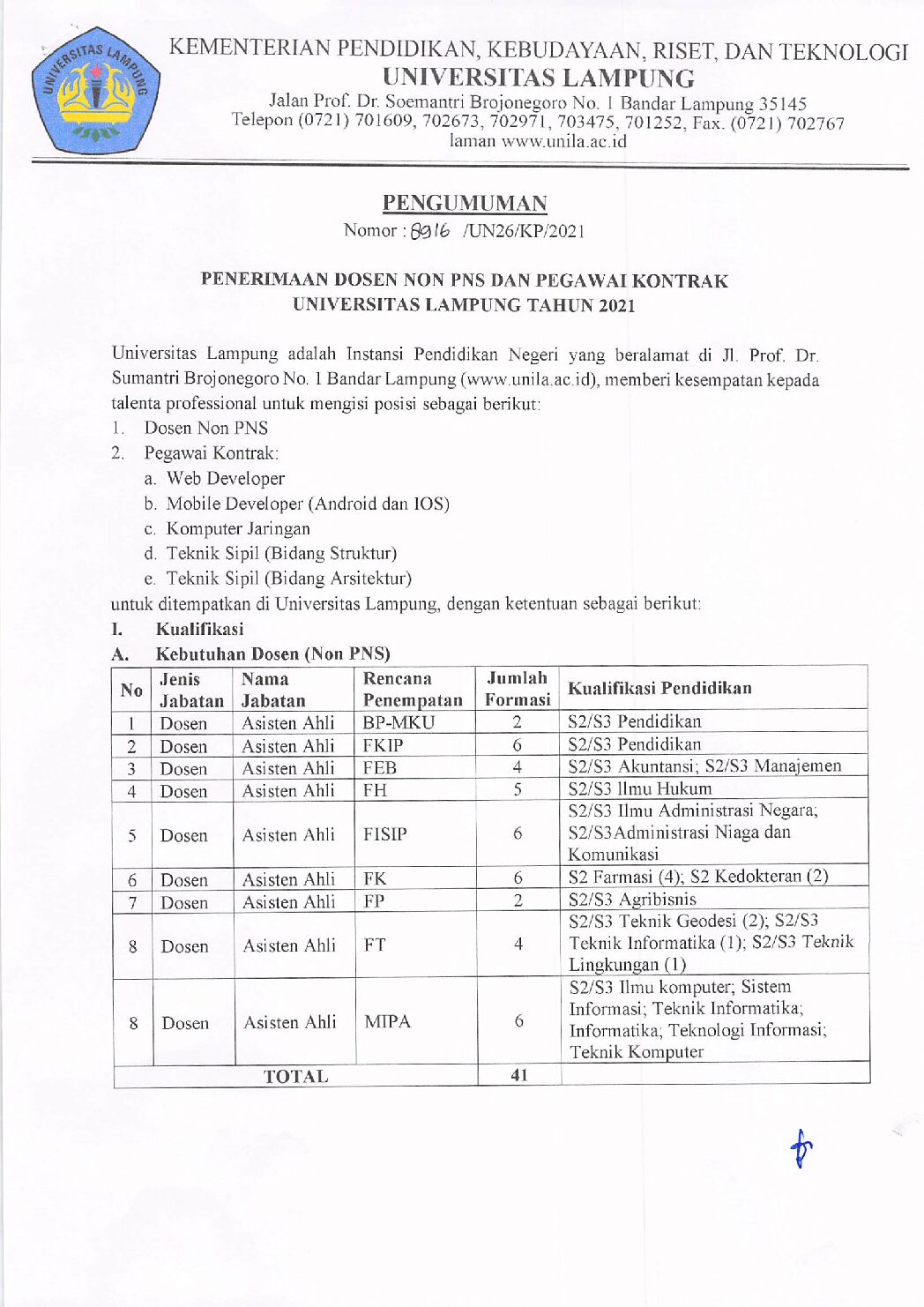Penerimaan Dosen Non-PNS dan Pegawai Kontrak Unila