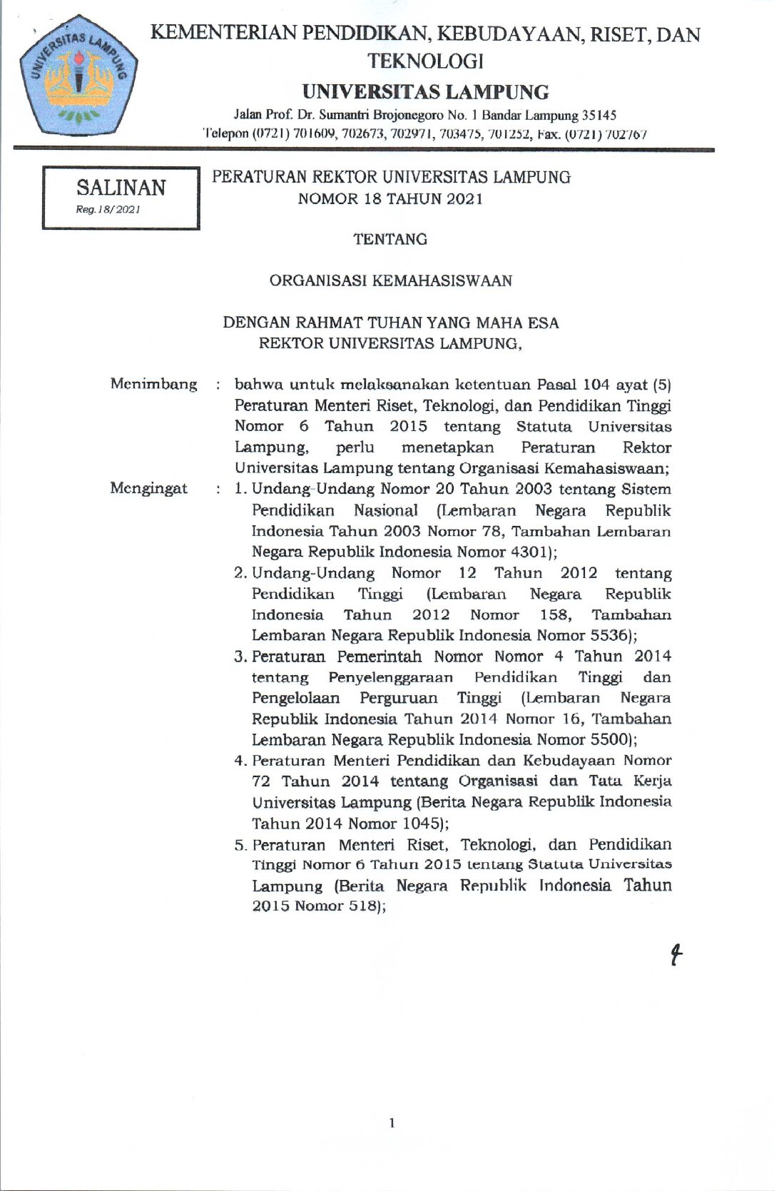 Peraturan Rektor Universitas Lampung Nomor 18 Tahun 2021 Tentang Ormawa