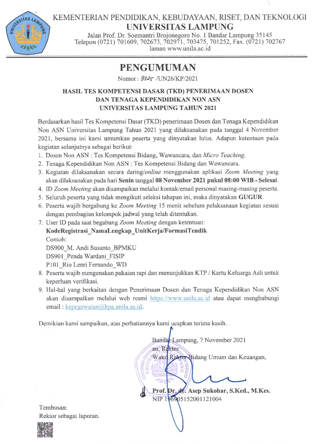 HASIL TES KOMPETENSI DASAR (TKD) PENERIMAAN DOSEN DAN TENAGA KEPENDIDIKAN NON ASN UNIVERSITAS LAMPUNG TAHUN 2021