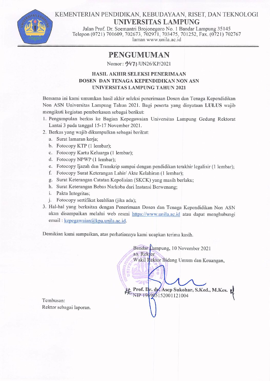 HASIL AKHIR SELEKSI PENERIMAAN DOSEN DAN TENAGA KEPENDIDIKAN NON ASN UNILA TAHUN 2021