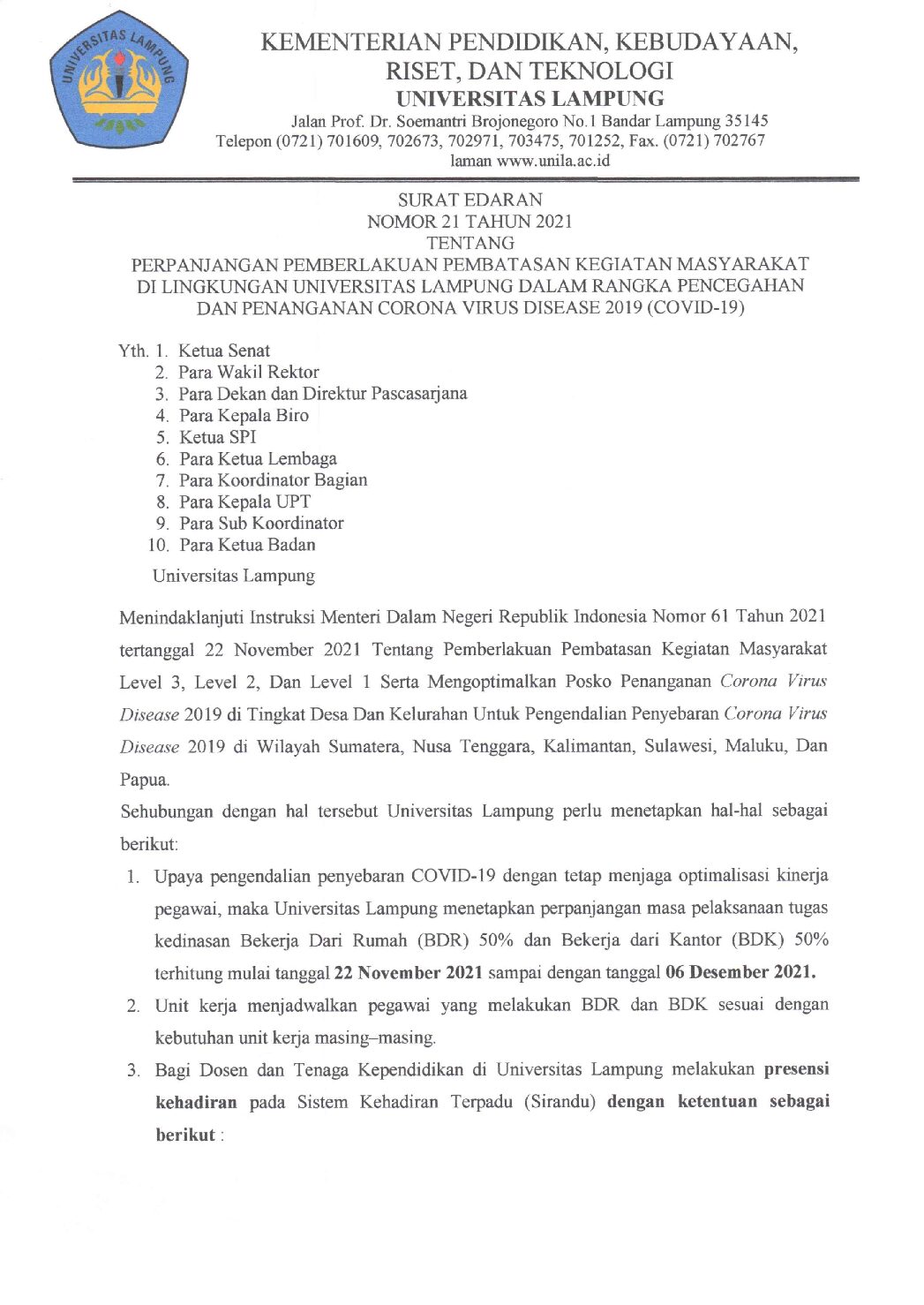 Perpanjangan PPKM di Lingkungan Unila dalam Rangka Pencegahan dan Penanganan Covid-19