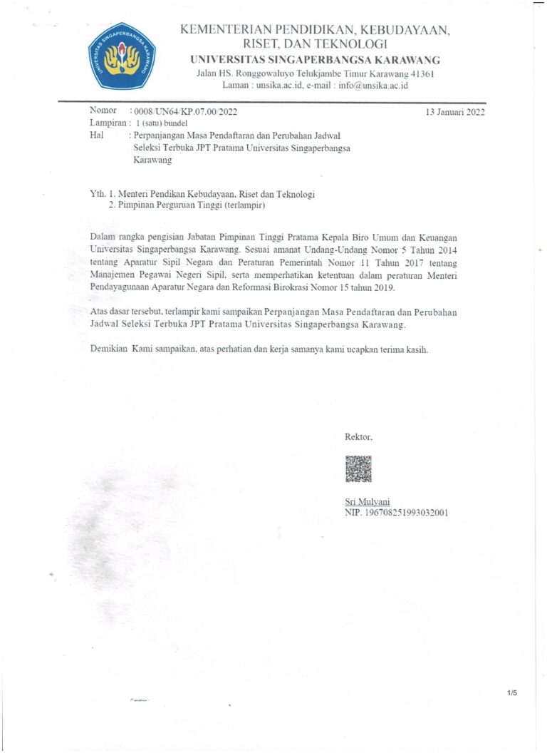 Perpanjangan Masa Pendaftaran dan Perubahan Jadwal Seleksi Terbuka JPT Pratama Universitas Singaperbangsa Karawang