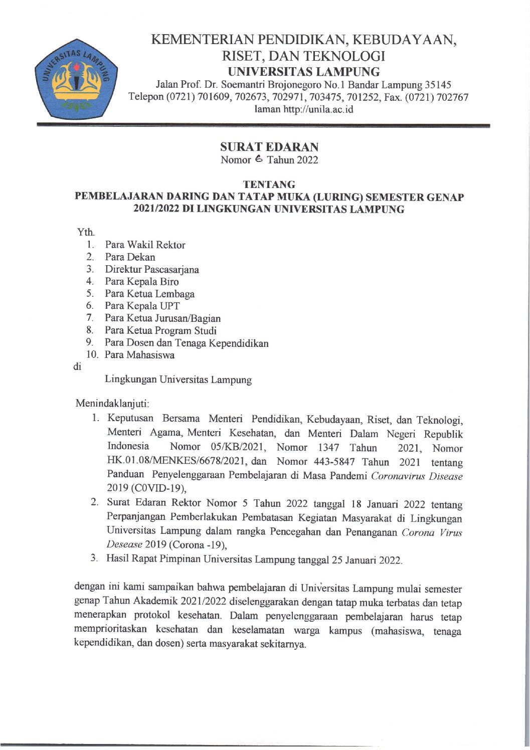 Pembelajaran Daring dan Tatap Muka (Luring) Semester Genap 2021/2022