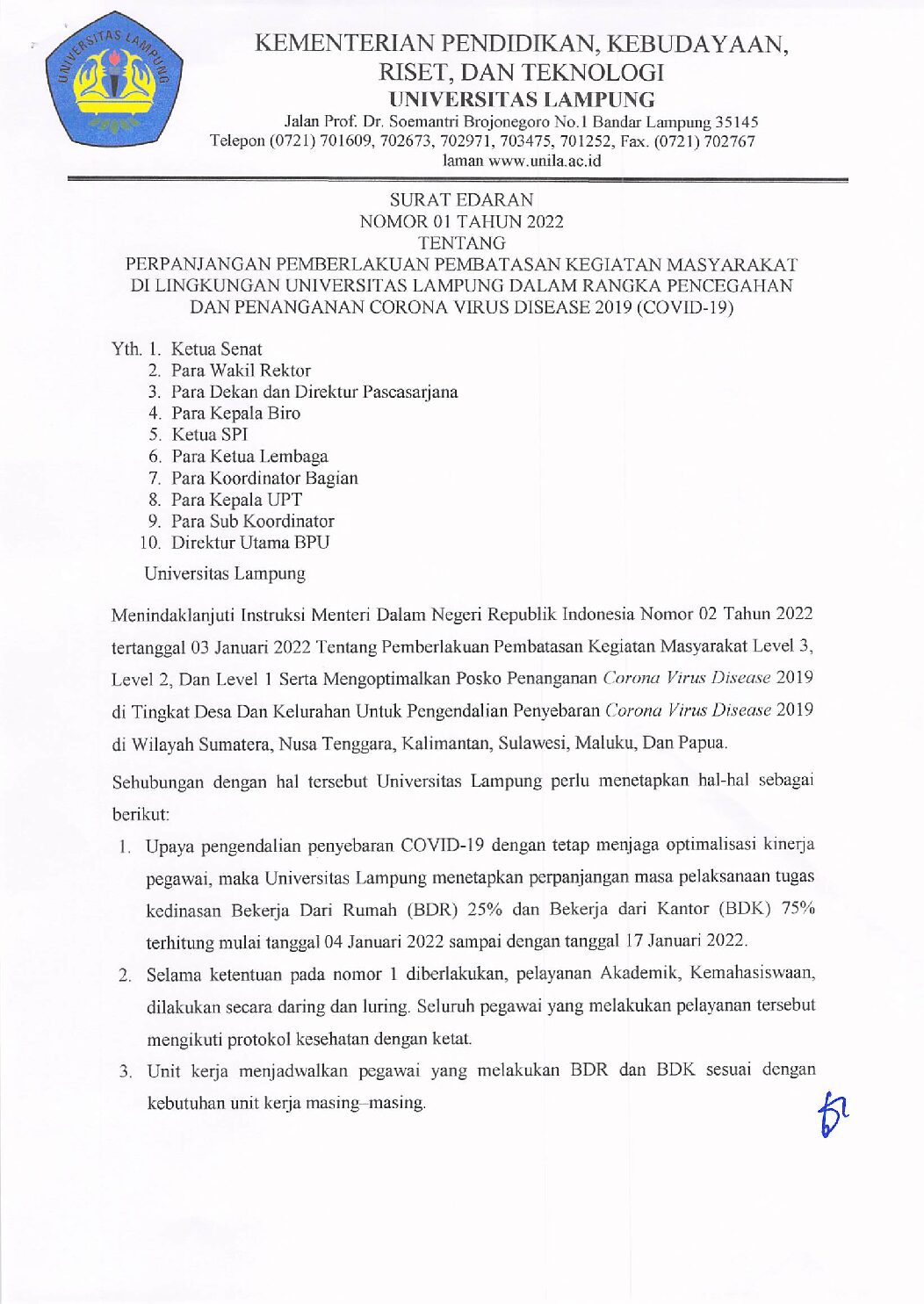 Perpanjangan PPKM di Lingkungan Unila 4 – 17 Januari 2022