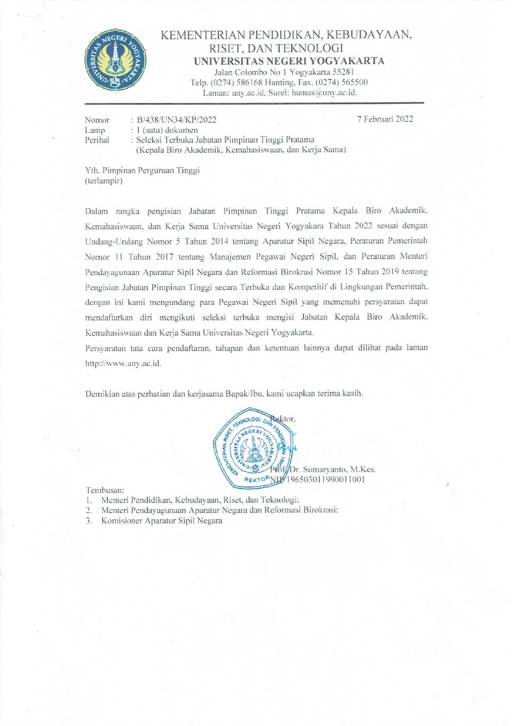 Seleksi Terbuka JPT Pratama (Kepala Biro Akademik, Kemahasiswaan, dan Kerja Sama) UNY