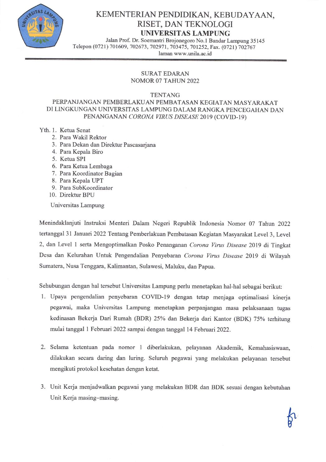 Perpanjangan PPKM di Lingkungan Universitas Lampung 1-14 Februari 2022
