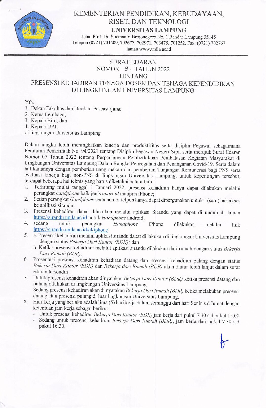 Presensi Kehadiran Tenaga Dosen dan Tenaga Kependidikan di Lingkungan Unila