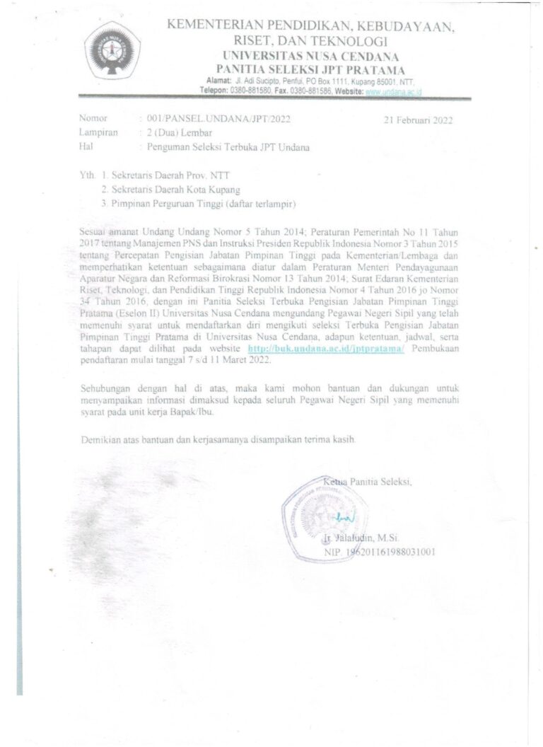 Seleksi Terbuka JPT Universitas Nusa Cendana (Undana)