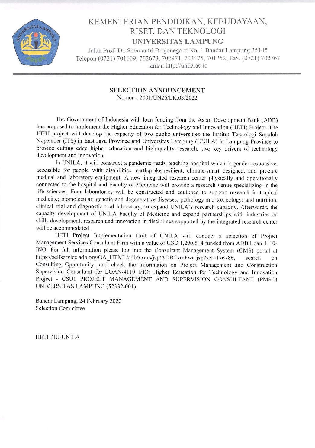 Selection Announcement Project Management and Supervision Consultant (PMSC) RSPTN Universitas Lampung