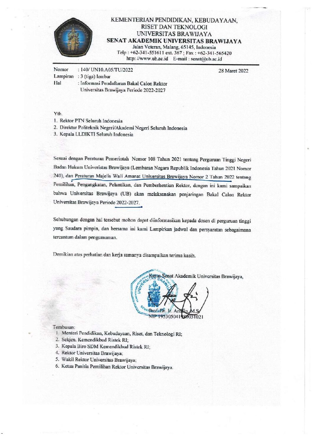Informasi Pendaftaran Bakal Calon Rektor Universitas Brawijaya Periode 2022-2027
