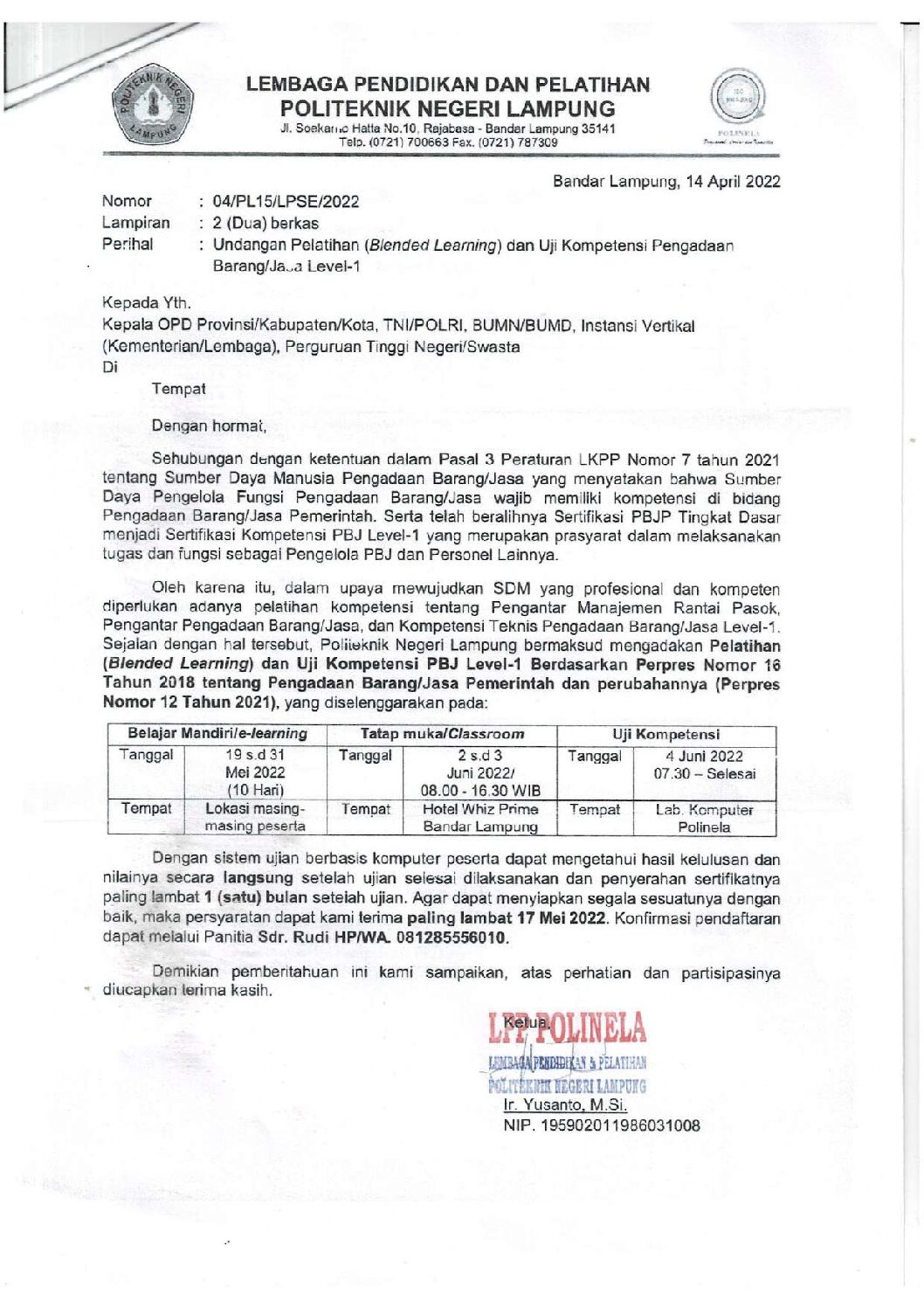 Undangan Pelatihan (Blended Learning) dan Uji Kompetensi Pengadaan Barang/Jasa Level 1