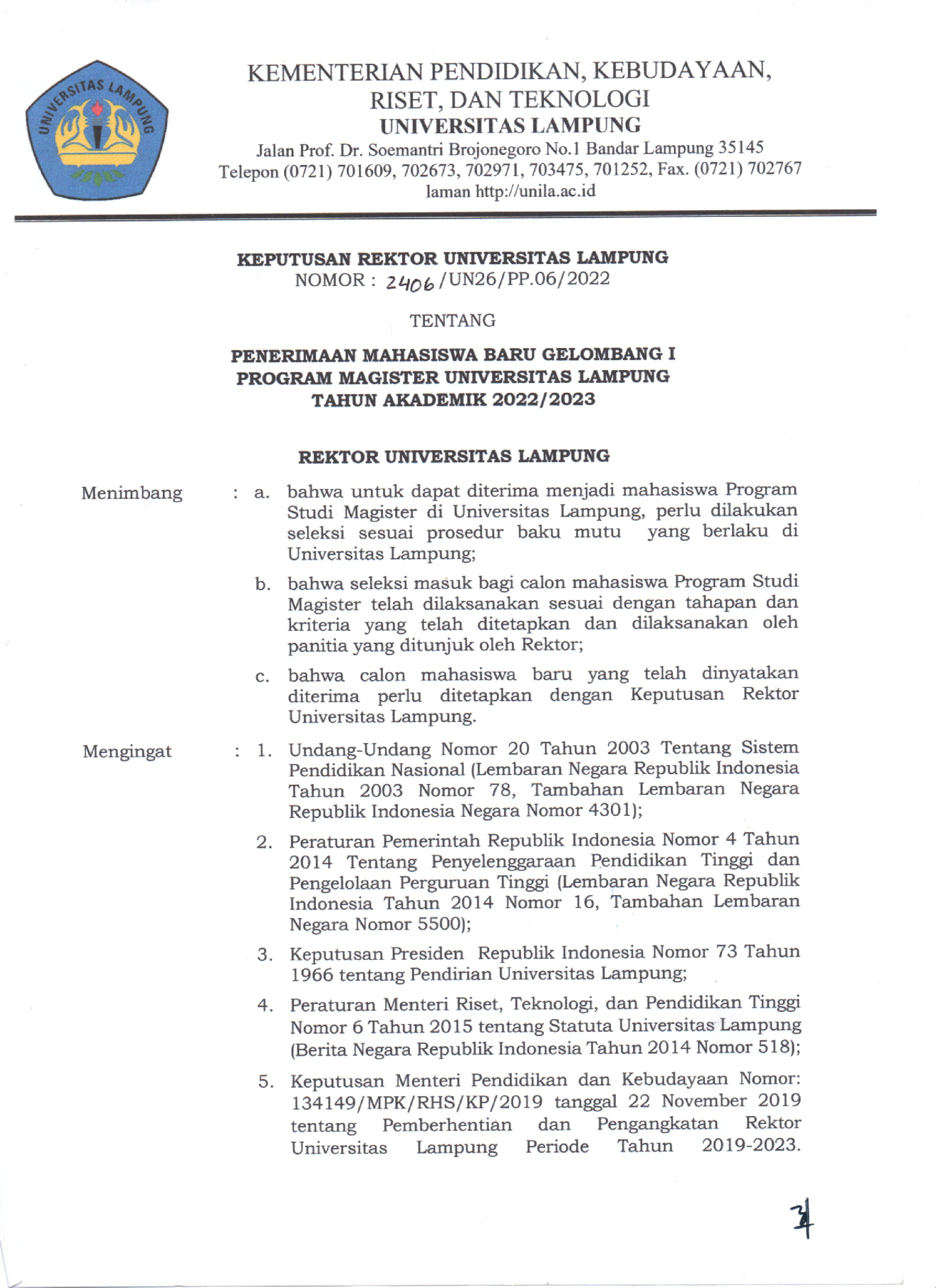 Daftar Calon Mahasiswa Yang Diterima Pada Program Studi Magister Universitas Lampung Gelombang I Tahun Akademik 2022/2023