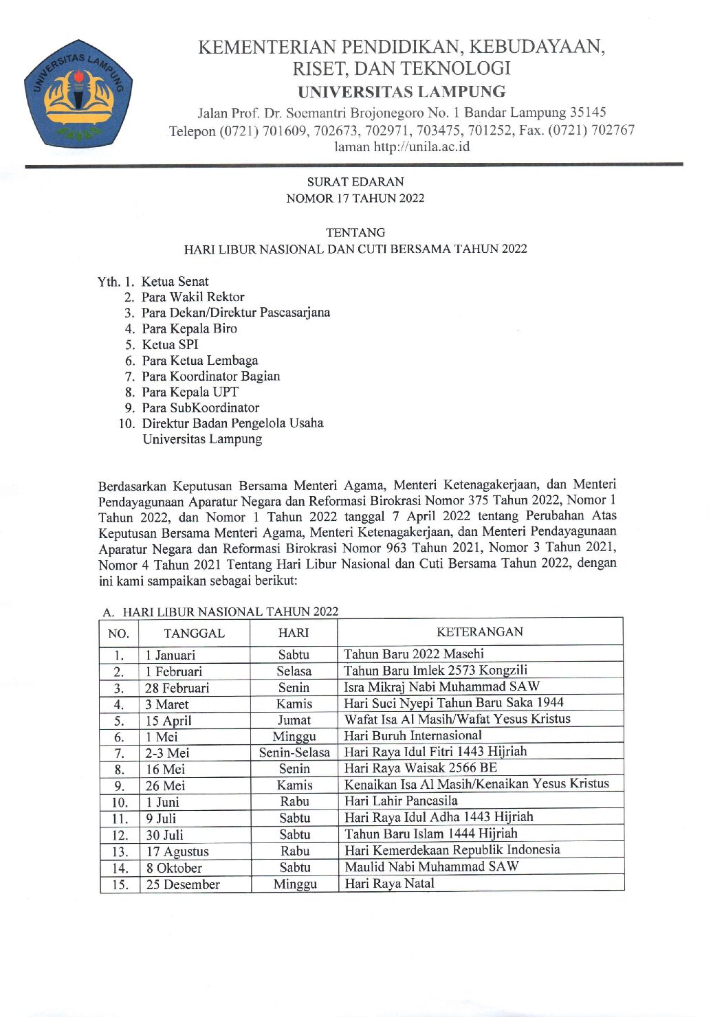 Hari Libur Nasional dan Cuti Bersama Tahun 2022