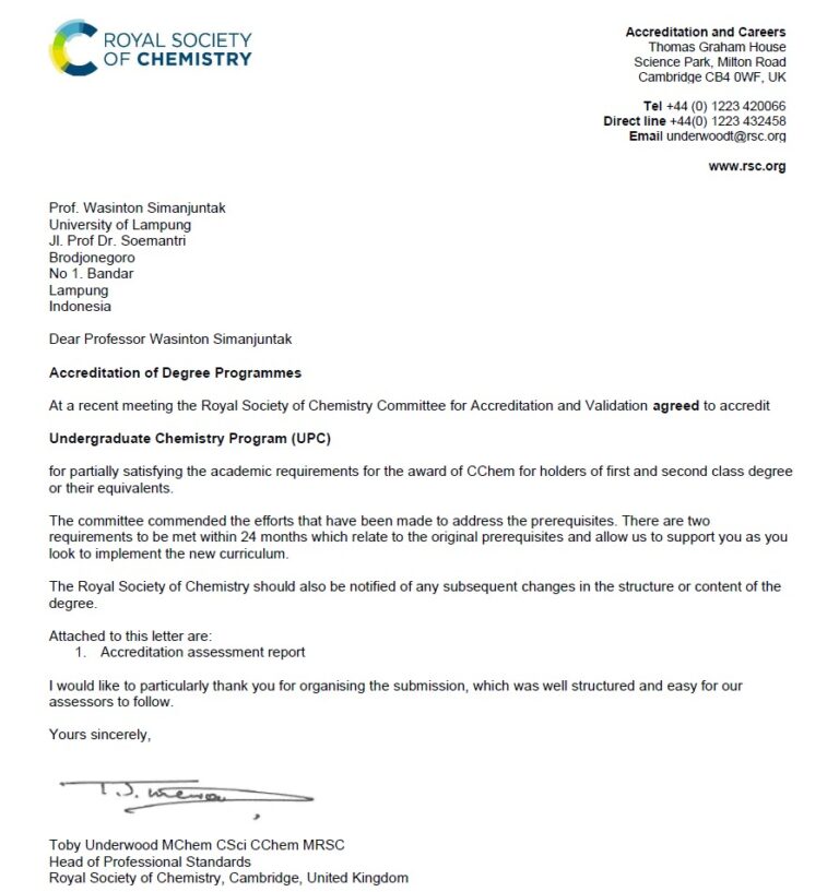 Prodi Kimia FMIPA Unila Raih Akreditasi Internasional RSC