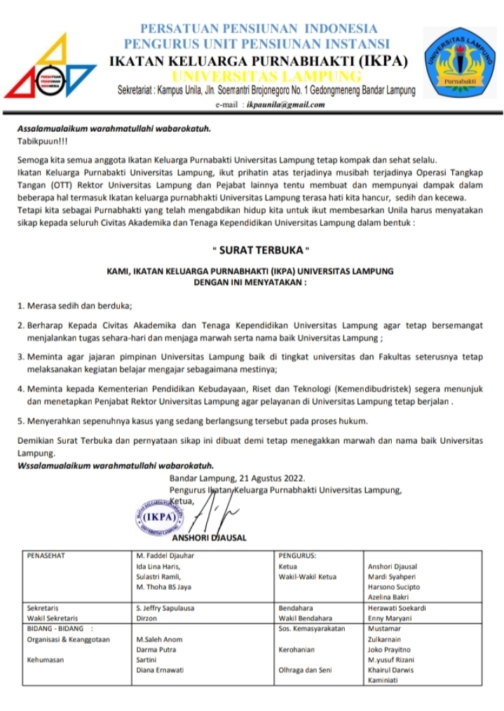Surat Terbuka Ikatan Keluarga Purnabakti (IKPA) Unila