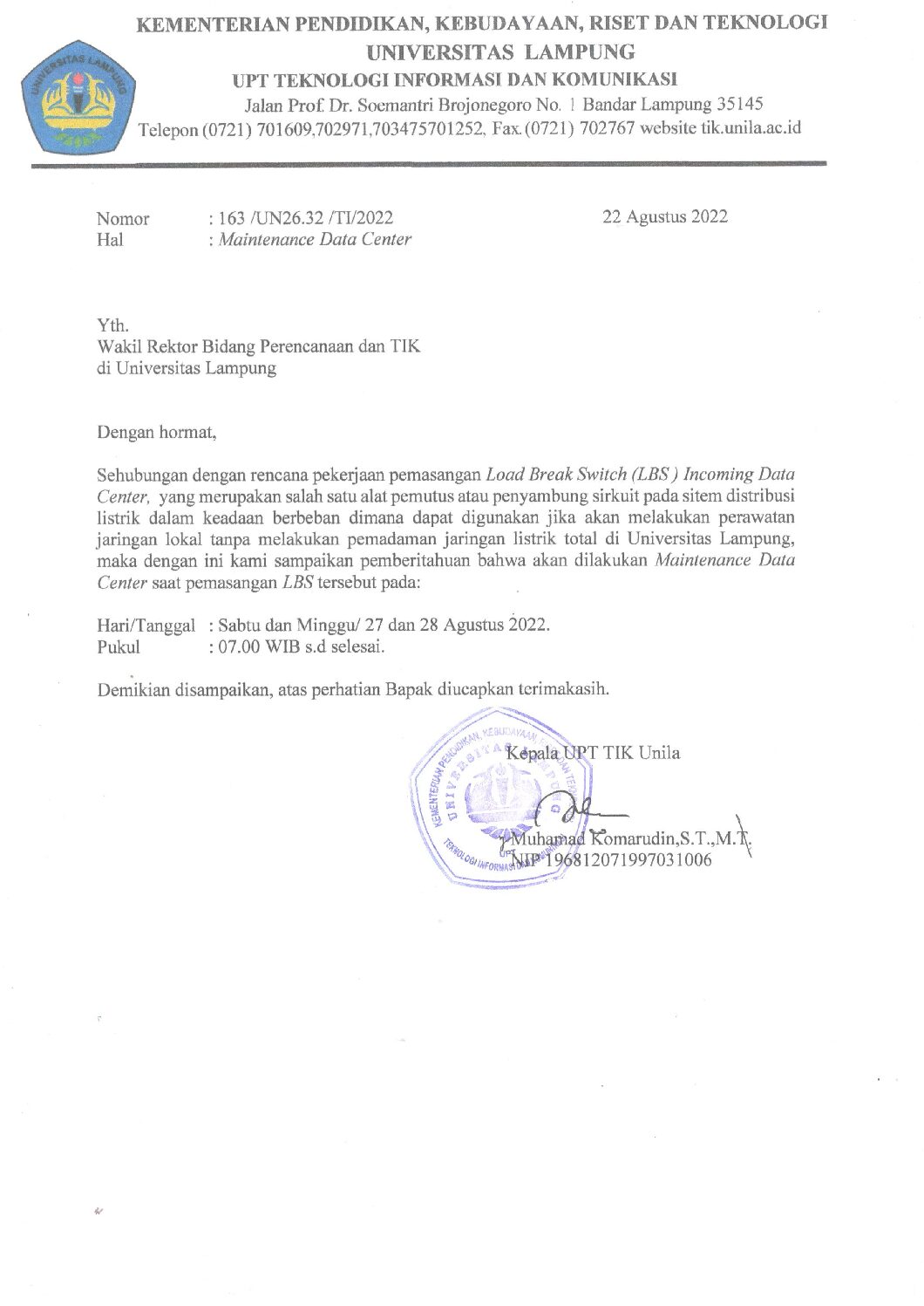 Maintenance Data Center 27-28 Agustus 2022