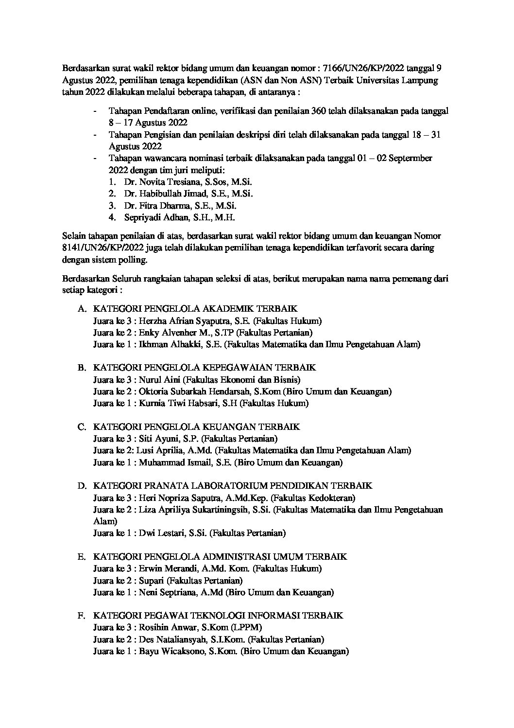 Pemilihan Tendik Terbaik Unila 2022