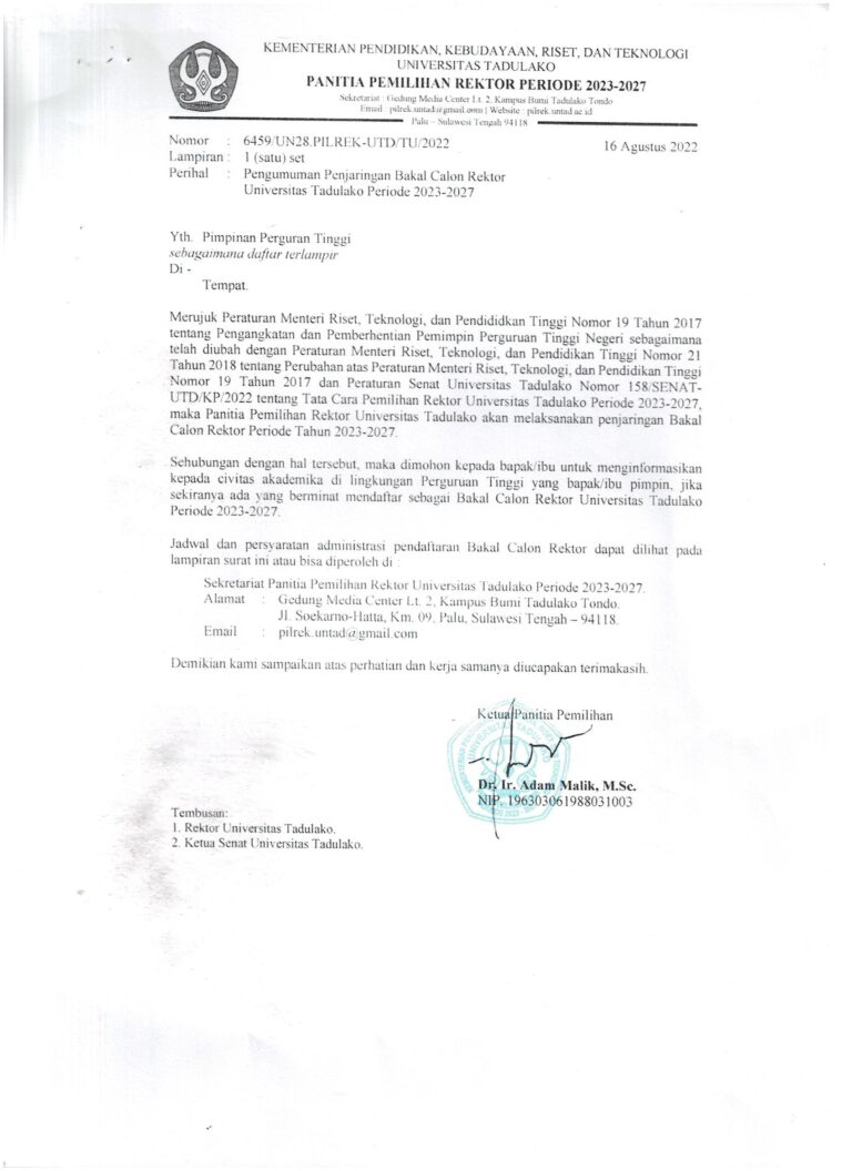 Penjaringan Bakal Calon Rektor Universitas Tadulako Periode 2023-2027
