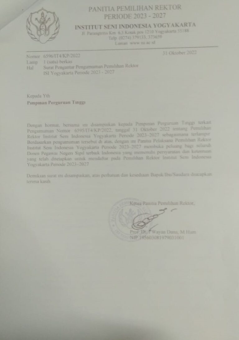 Pengumuman Pemilihan Rektor ISI Yogyakarta Periode 2023 – 2027