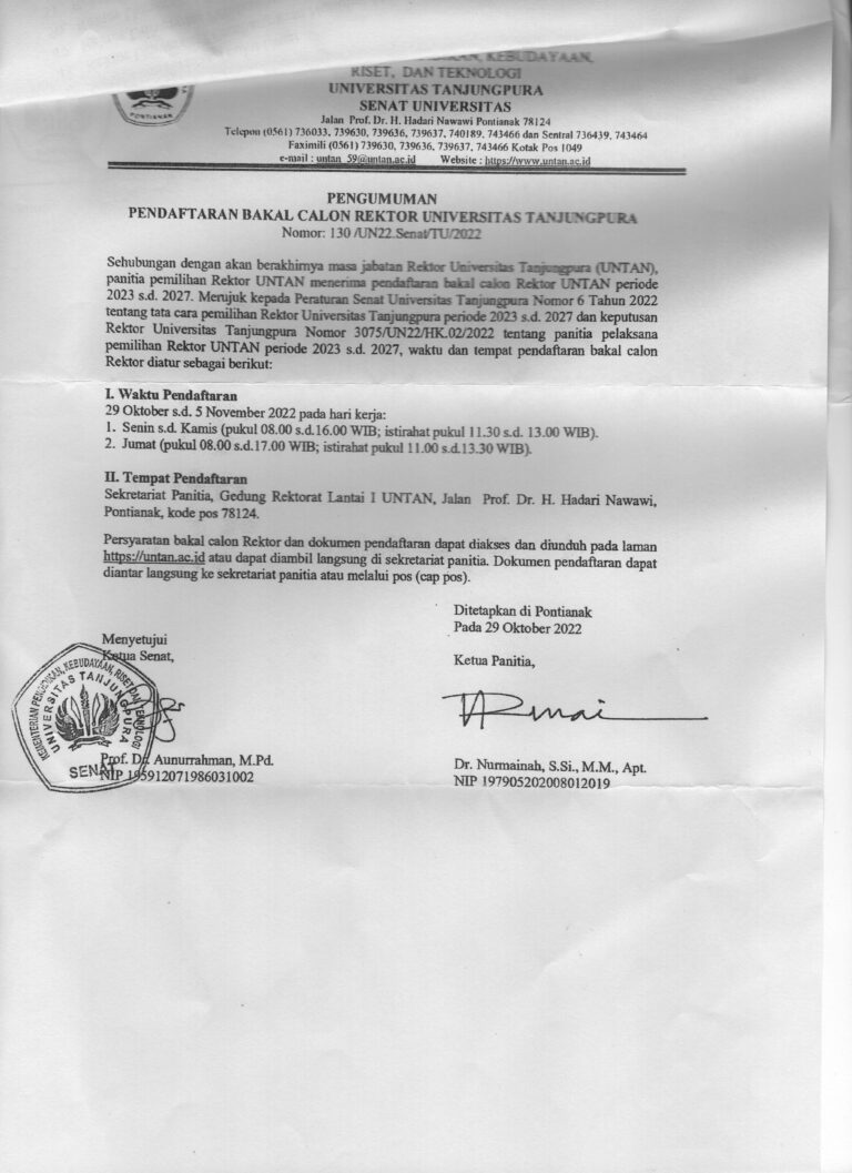 Pendaftaran Bakal Calon Rektor Universitas Tanjungpura Periode I 2023-2027