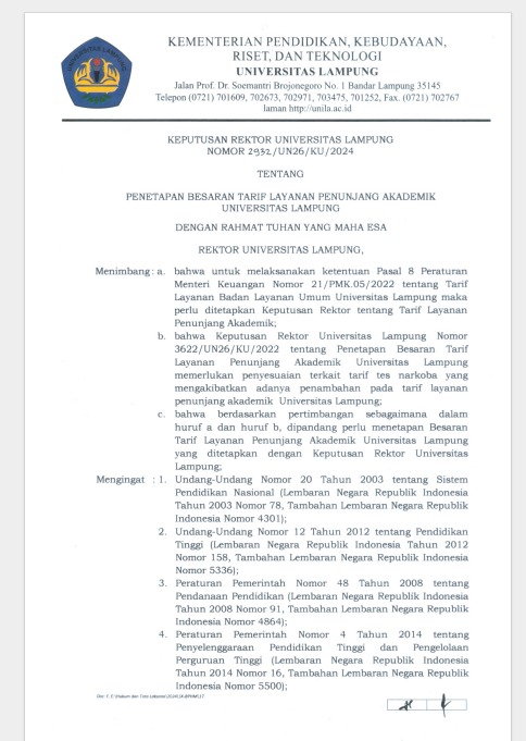 Penetapan Besaran Tarif Layanan Penunjang Akademik