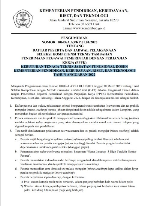Daftar Peserta dan Jadwal Pelaksanaan Seleksi Kompetensi Teknis Tambahan Penerimaan PPPK Kebutuhan Tenaga Teknis Jabatan Fungsional Dosen Kemendikbudristek TA 2022