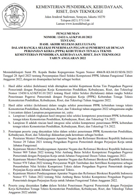 Hasil Akhir Kelulusan Seleksi Penerimaan PPPK Kemendikbudristek TA 2022