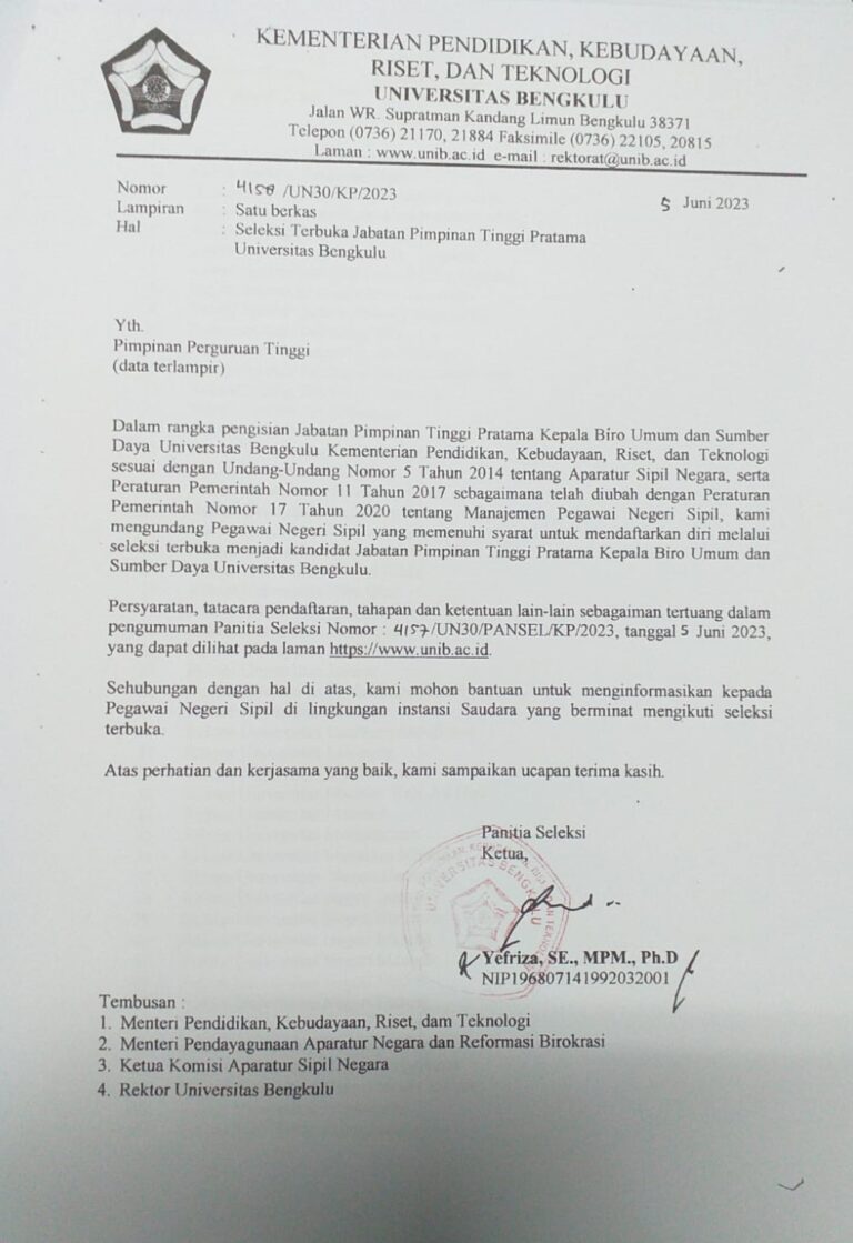 Seleksi Terbuka Jabatan Pimpinan Tinggi Pratama Universitas Bengkulu