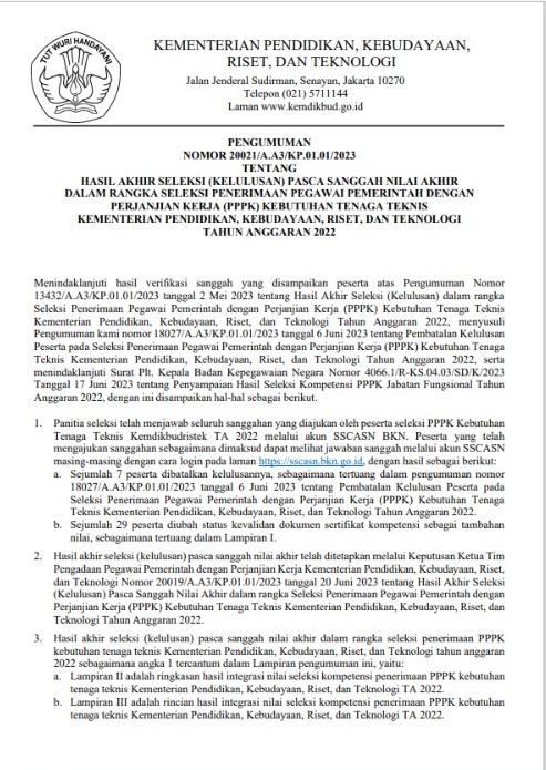 Hasil Akhir Seleksi Pasca Sanggah Nilai Akhir Seleksi Penerimaan PPPK Kebutuhan Tenaga Teknis Kemdikbudristek TA 2022