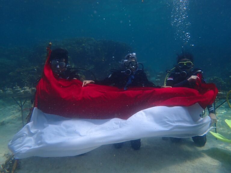 Klub Selam Anemon Unila Kolaborasi Kibarkan Bendera Merah Putih di Bawah Laut