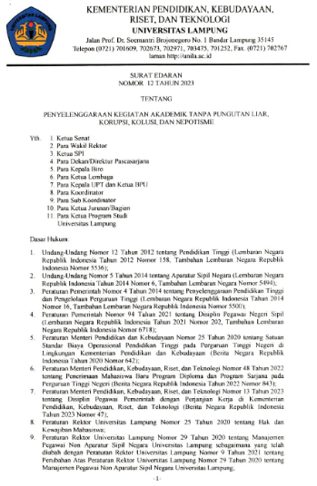 Surat Edaran Penyelenggaraan Kegiatan Akademik Tanpa Pungutan Liar, Korupsi, Kolusi, dan Nepotisme