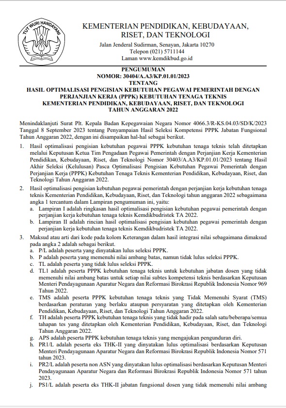 Hasil Optimalisasi Pengisian Kebutuhan PPPK Kebutuhan Tenaga Teknis Kemdikbud Ristek TA 2022