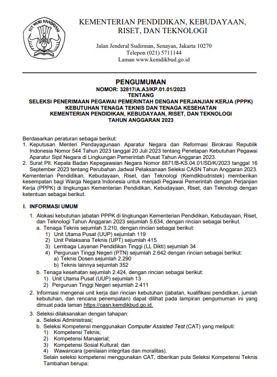 Seleksi Penerimaan PPPK Tenaga Teknis dan Tenaga Kesehatan Kemdikbudristek TA 2023