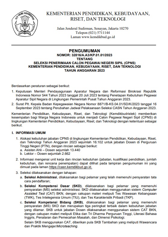Seleksi Penerimaan CPNS Kemdikbudristek TA 2023 