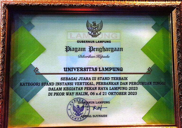 Unila Terbaik Ketiga Kategori Stand Instansi Vertikal, Perbankan, dan PT pada PRL 2023