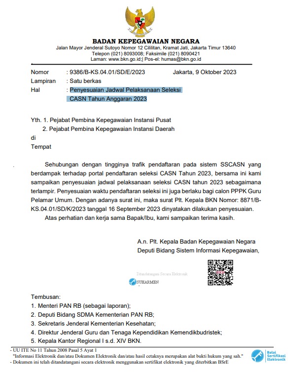 Penyesuaian Jadwal Pelaksanaan Seleksi CASN Tahun Aanggaran 2023