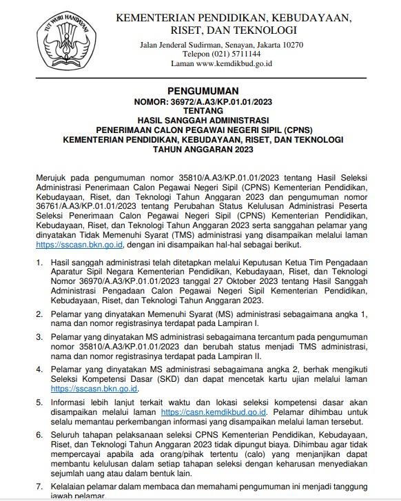 Pengumuman Hasil Sanggah Administrasi CPNS 2023