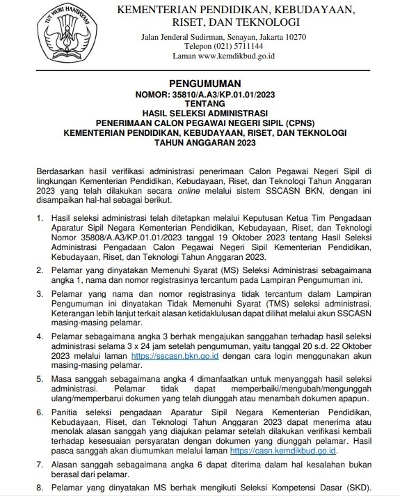 Hasil Seleksi Administrasi Penerimaan CPNS Kemdikbudristek