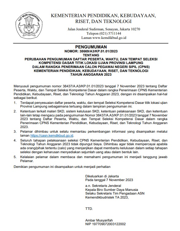 Perubahan Pengumuman Daftar Peserta, Waktu, dan Tempat SKD Titik Lokasi Ujian Provinsi Lampung dalam Rangka Penerimaan CPNS Kemdikbudristek 2023