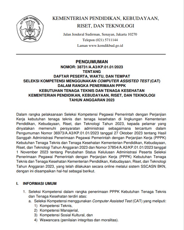 Daftar Peserta, Waktu, dan Tempat Seleksi Kompetensi Menggunakan CAT dalam Rangka Penerimaan PPPK Kebutuhan Tenaga Teknis dan Tenaga Kesehatan Kemendikbudristek TA 2023